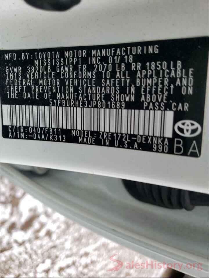 5YFBURHE3JP801689 2018 TOYOTA COROLLA