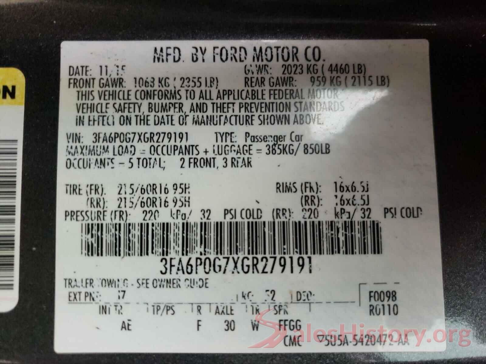 3FA6P0G7XGR279191 2016 FORD FUSION