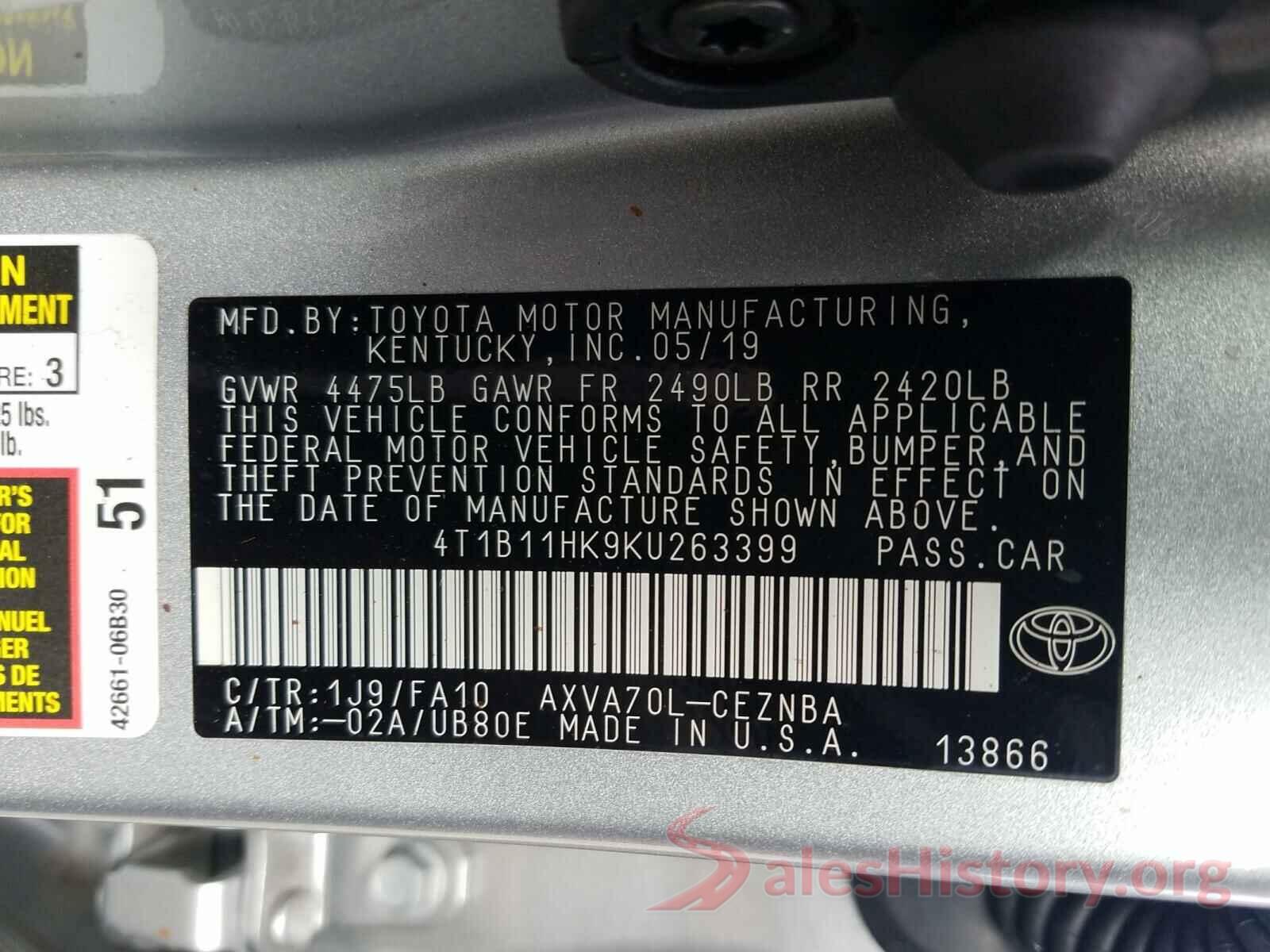 4T1B11HK9KU263399 2019 TOYOTA CAMRY