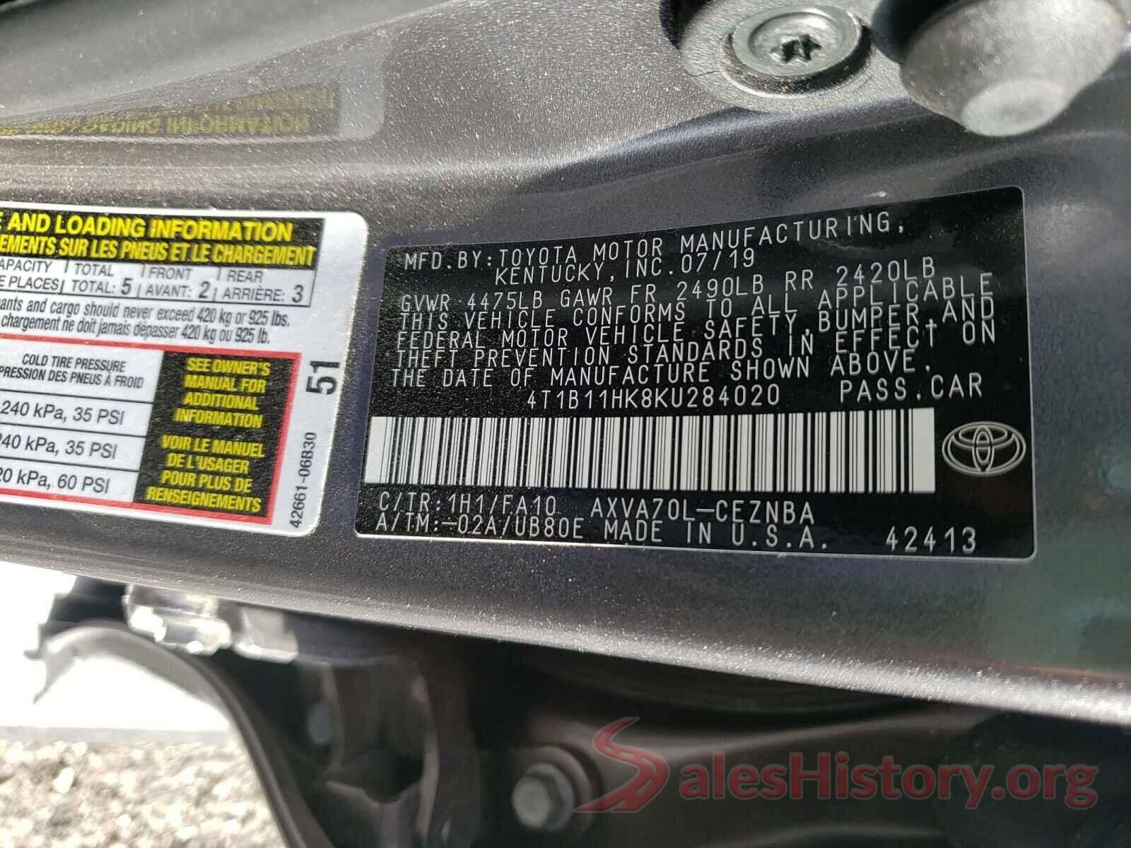 4T1B11HK8KU284020 2019 TOYOTA CAMRY