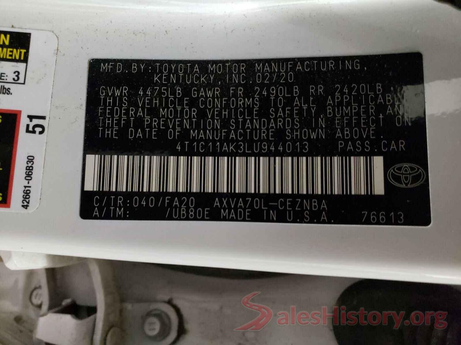 4T1C11AK3LU944013 2020 TOYOTA CAMRY