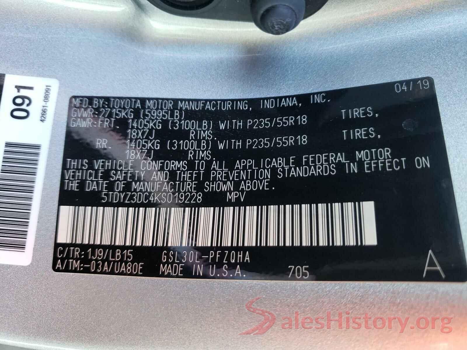 5TDYZ3DC4KS019228 2019 TOYOTA SIENNA