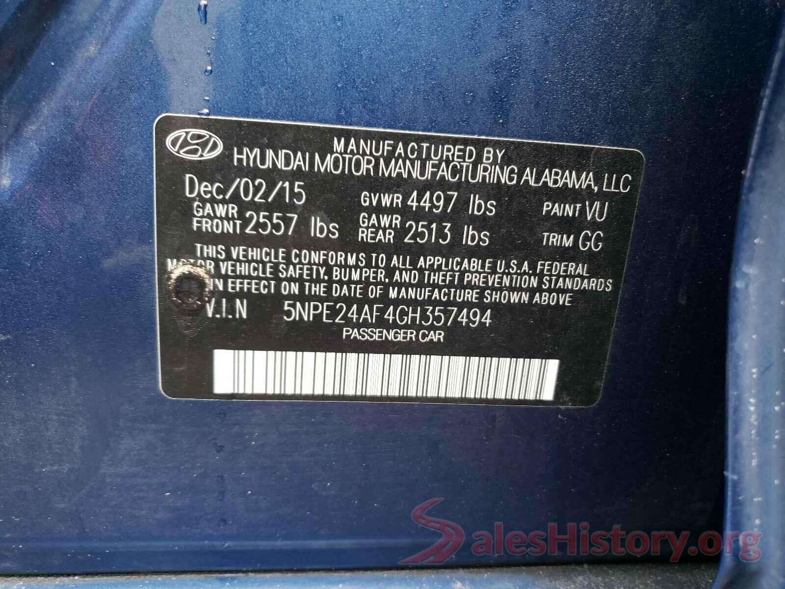 5NPE24AF4GH357494 2016 HYUNDAI SONATA