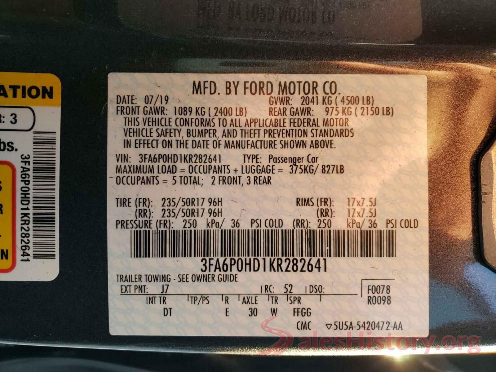 3FA6P0HD1KR282641 2019 FORD FUSION