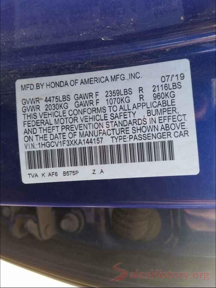 1HGCV1F3XKA144157 2019 HONDA ACCORD