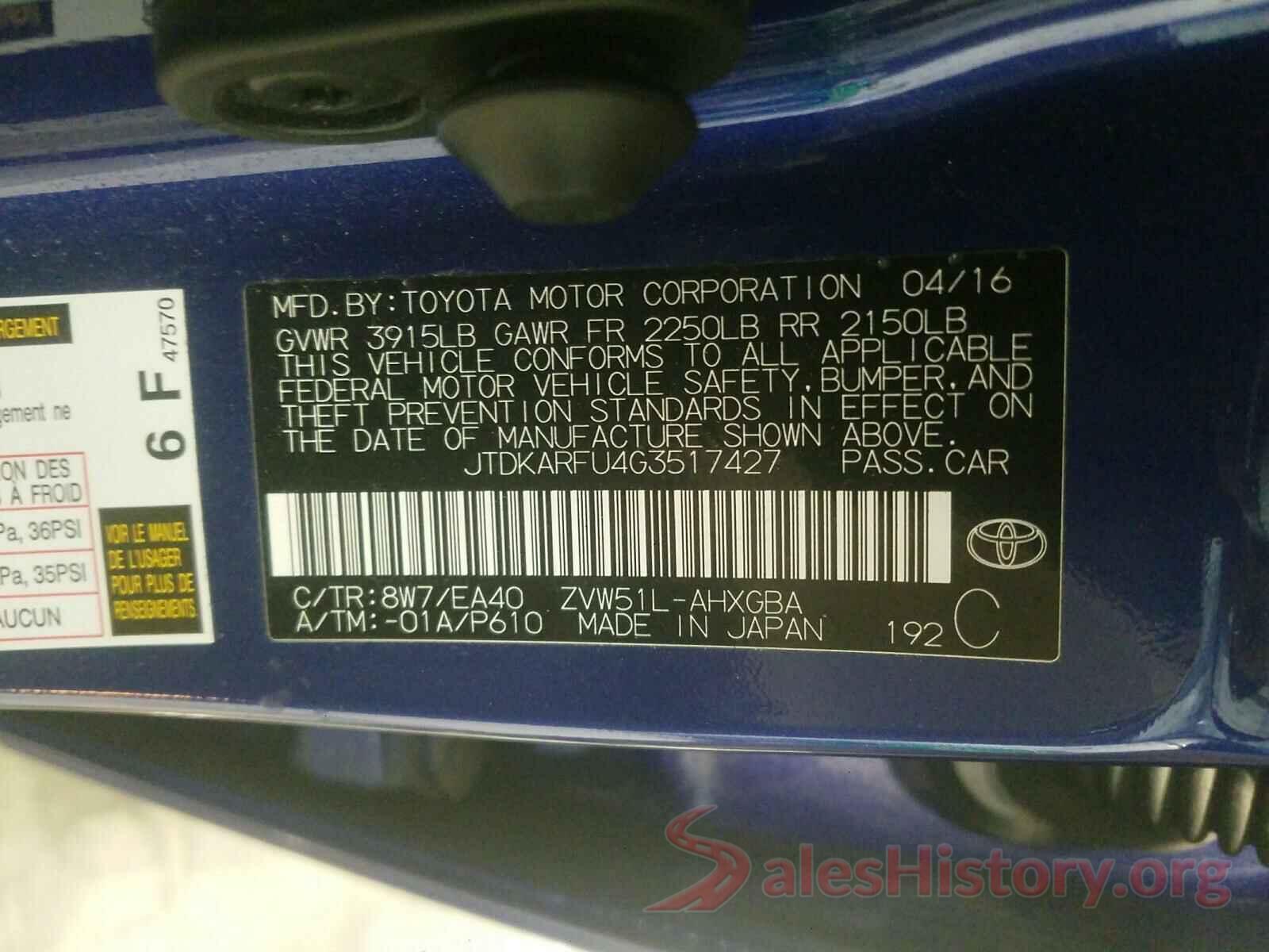 JTDKARFU4G3517427 2016 TOYOTA PRIUS