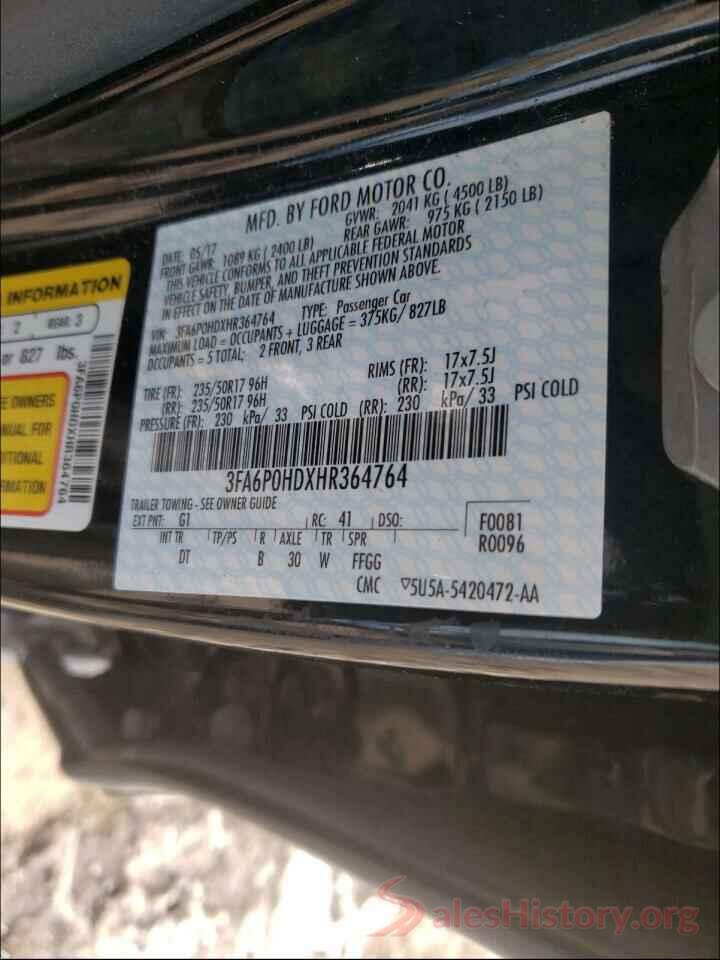 3FA6P0HDXHR364764 2017 FORD FUSION