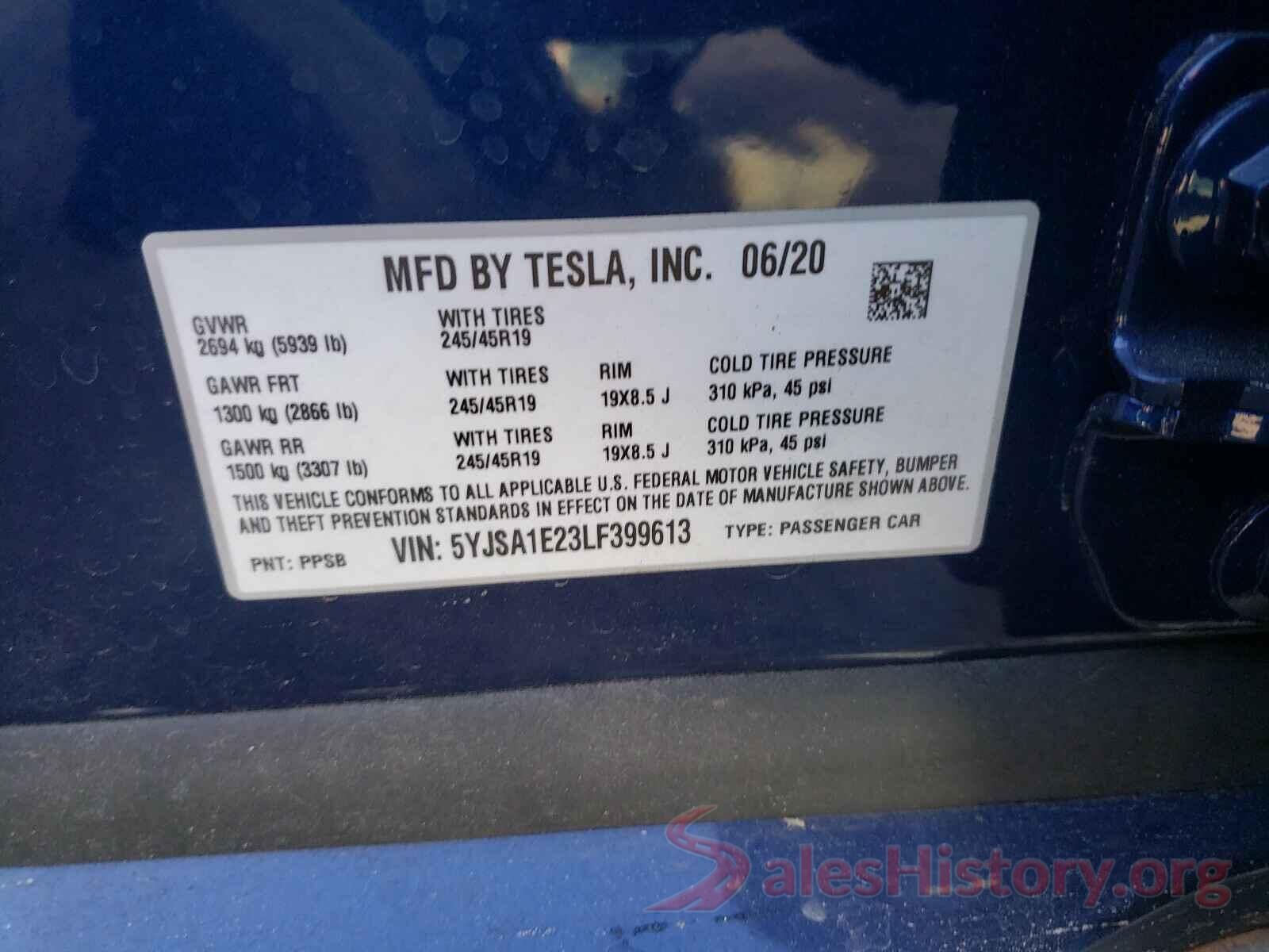 5YJSA1E23LF399613 2020 TESLA MODEL S