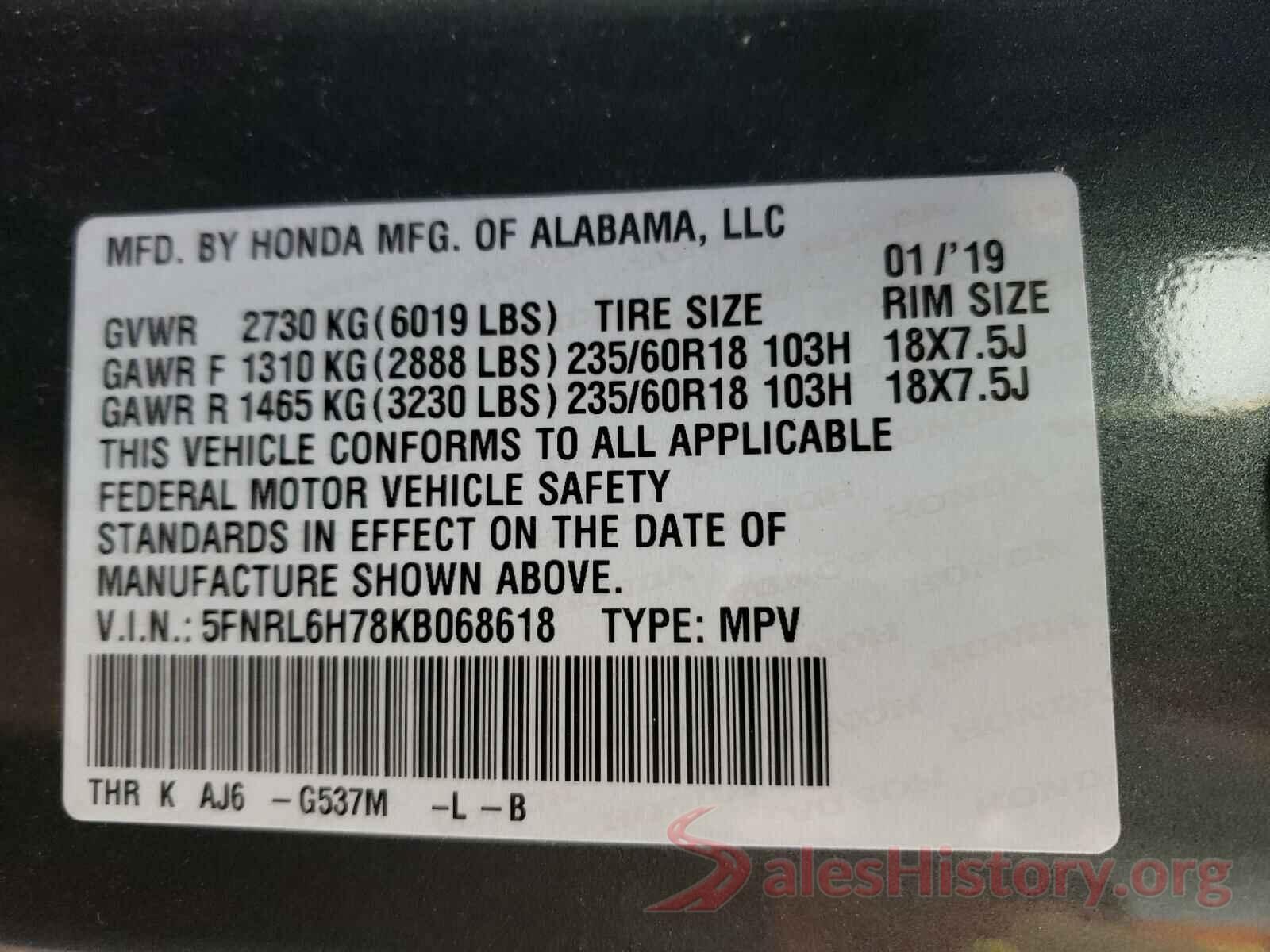 5FNRL6H78KB068618 2019 HONDA ODYSSEY