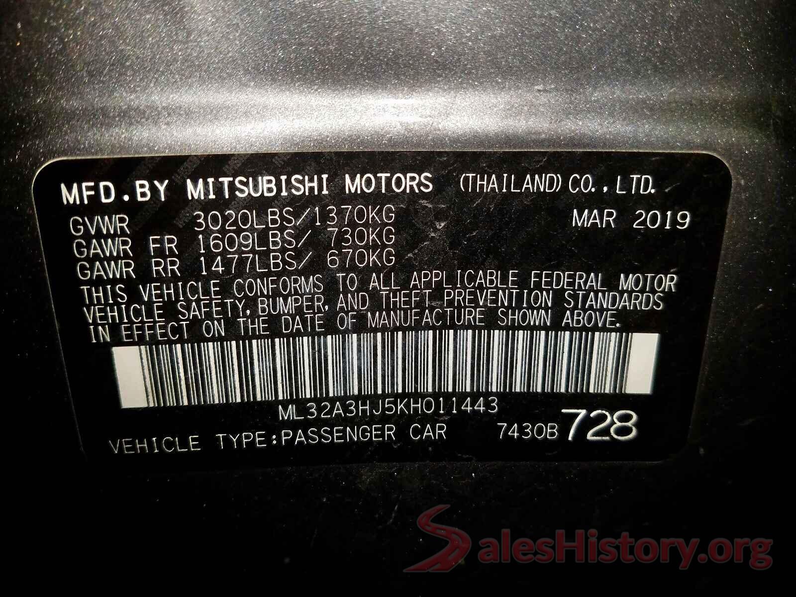 ML32A3HJ5KH011443 2019 MITSUBISHI MIRAGE