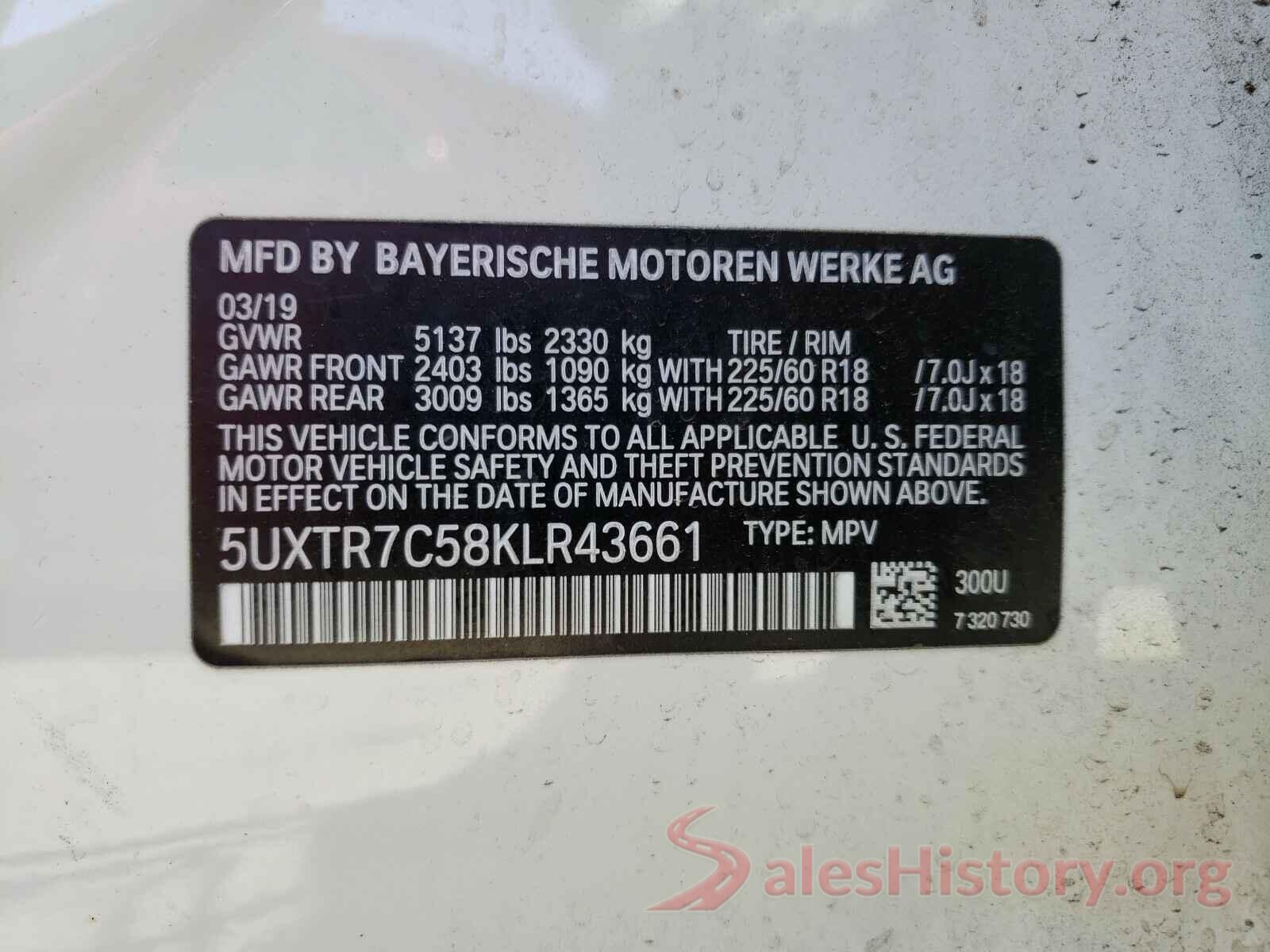 5UXTR7C58KLR43661 2019 BMW X3