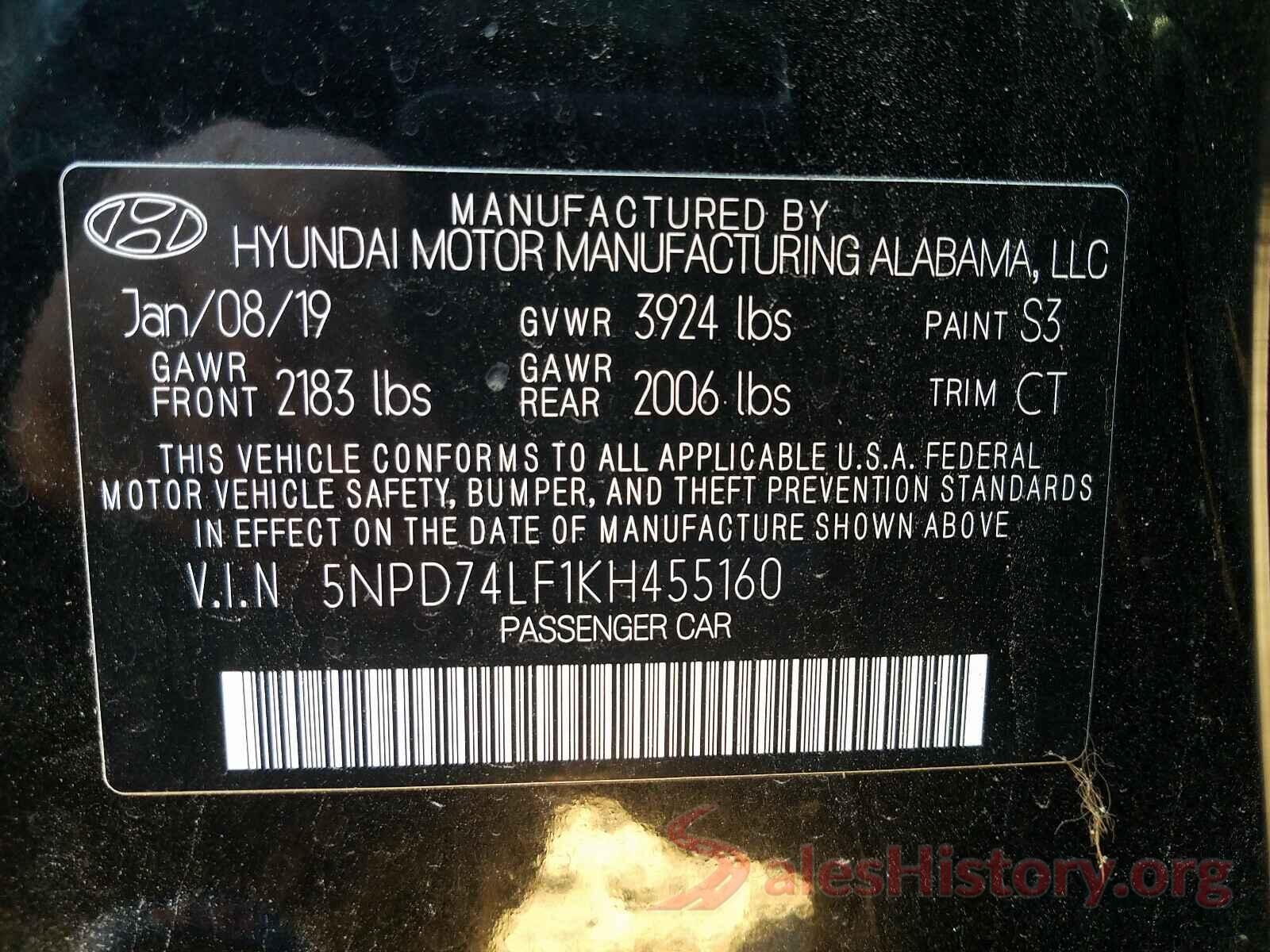 5NPD74LF1KH455160 2019 HYUNDAI ELANTRA