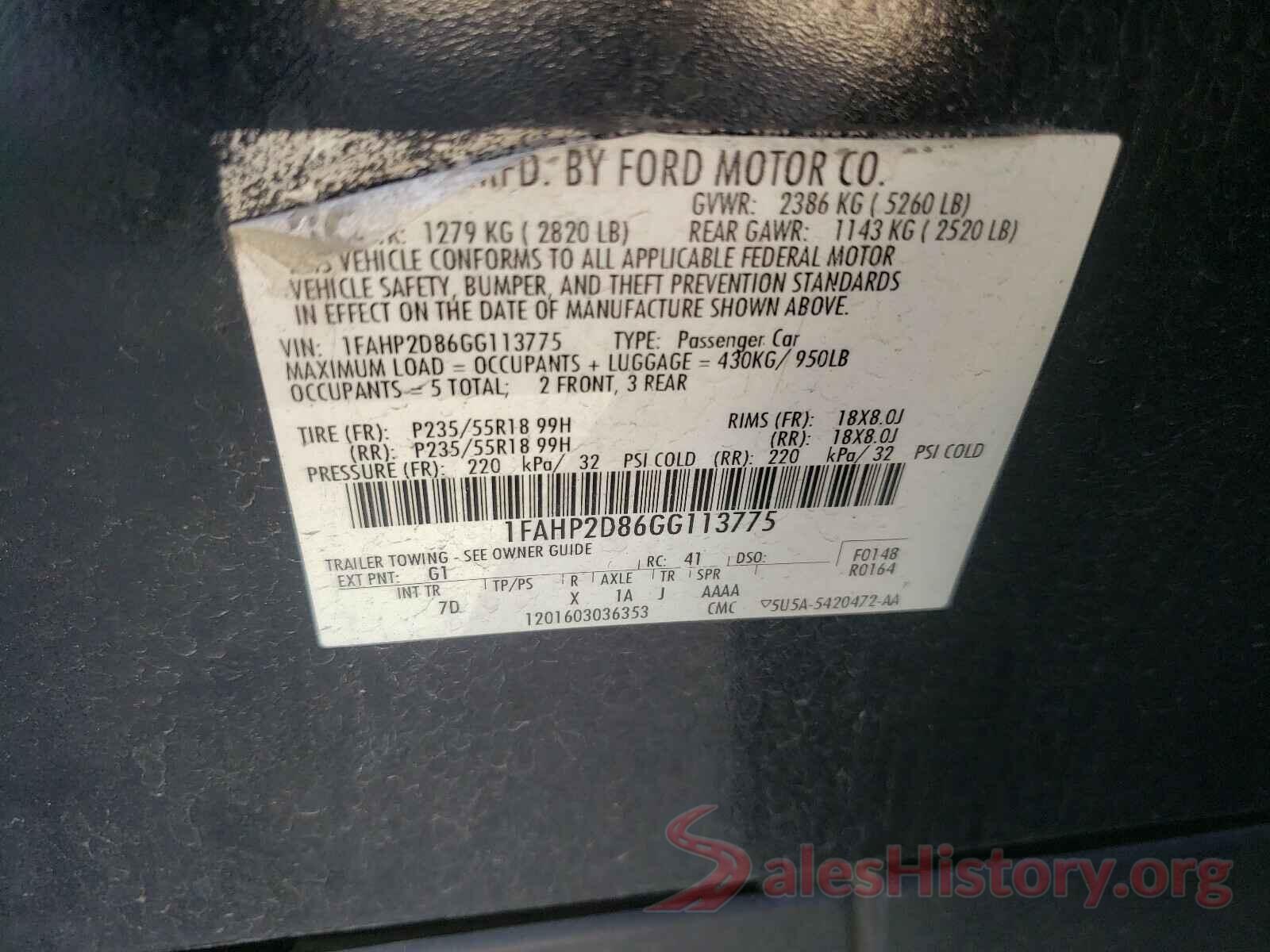 1FAHP2D86GG113775 2016 FORD TAURUS