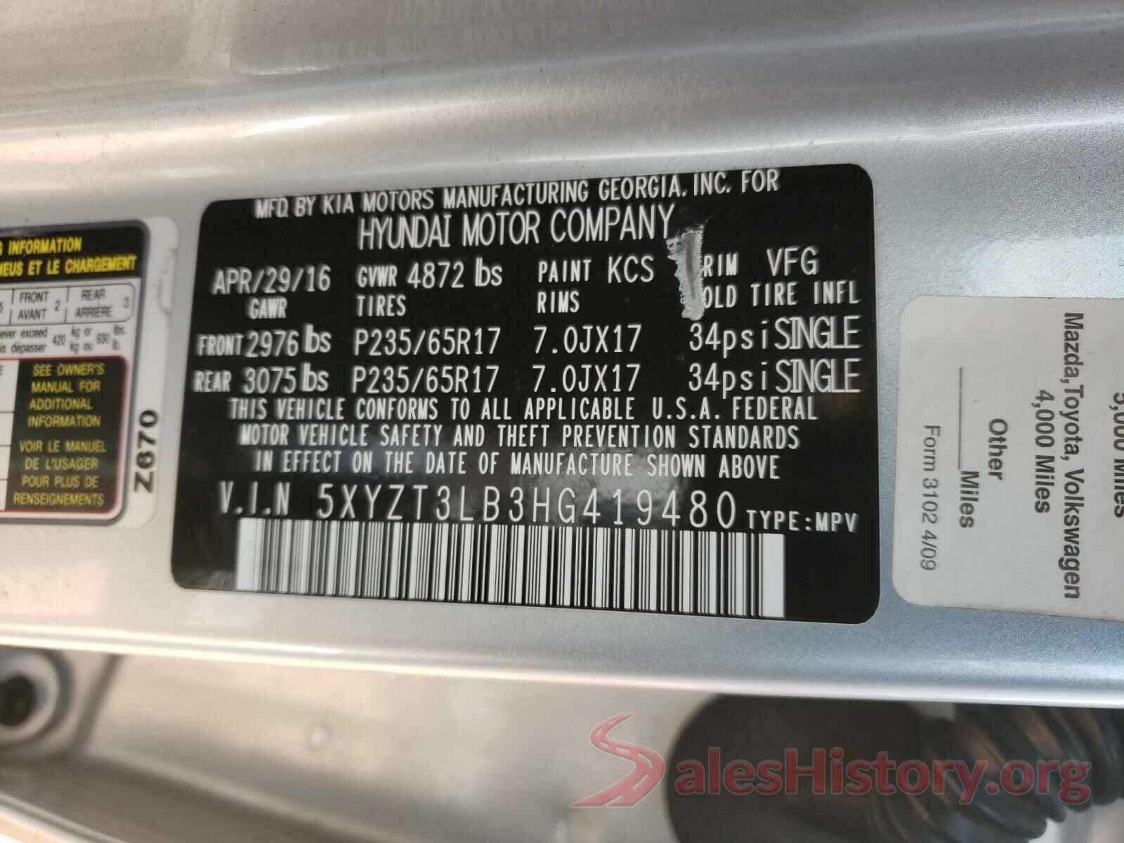 5XYZT3LB3HG419480 2017 HYUNDAI SANTA FE