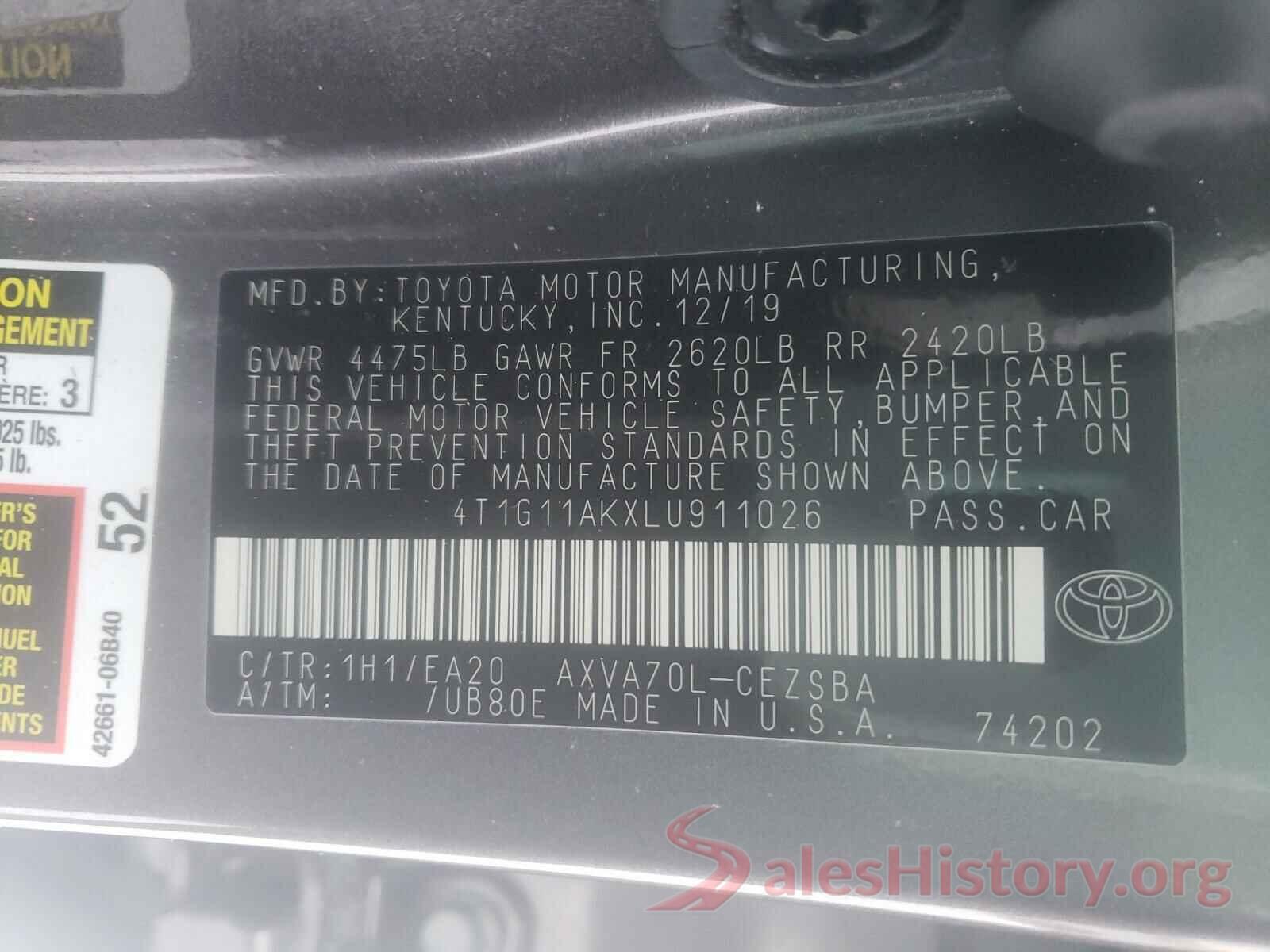 4T1G11AKXLU911026 2020 TOYOTA CAMRY