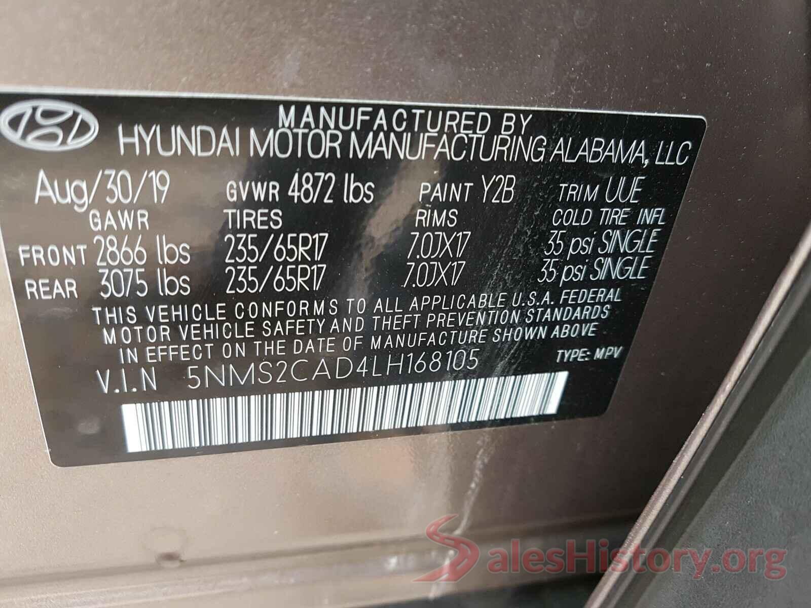 5NMS2CAD4LH168105 2020 HYUNDAI SANTA FE