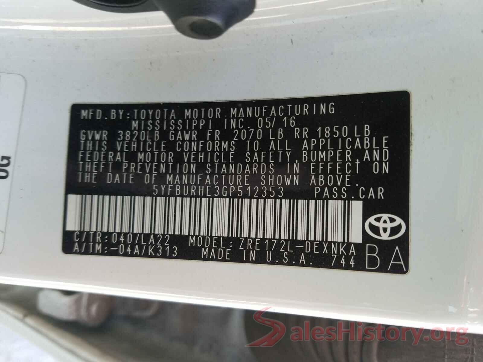 5YFBURHE3GP512353 2016 TOYOTA COROLLA