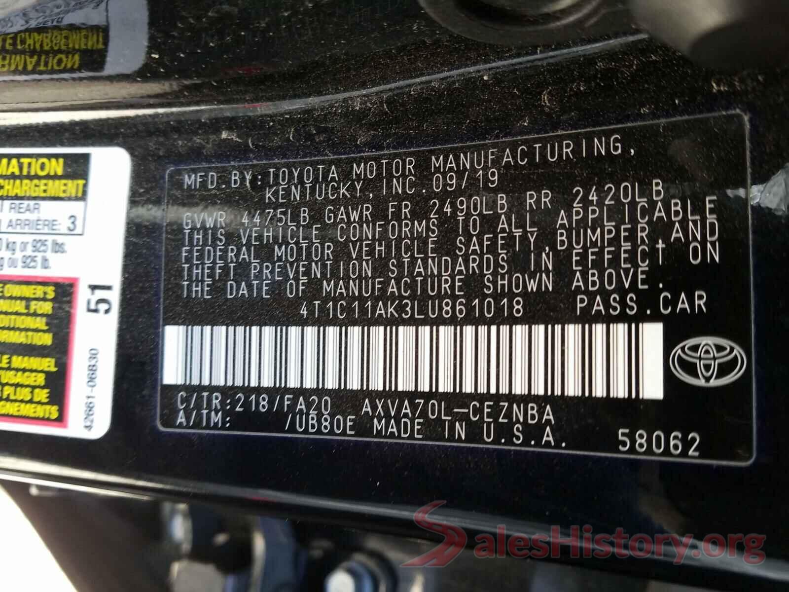 4T1C11AK3LU861018 2020 TOYOTA CAMRY