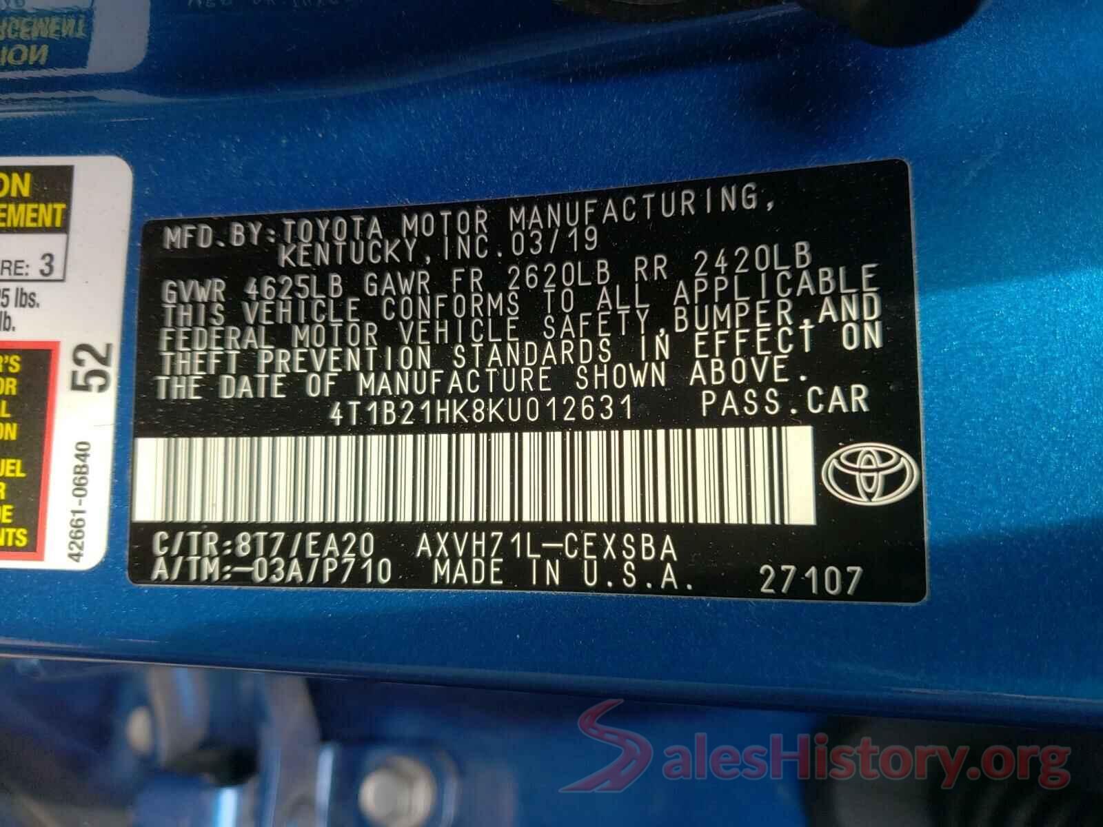 4T1B21HK8KU012631 2019 TOYOTA CAMRY