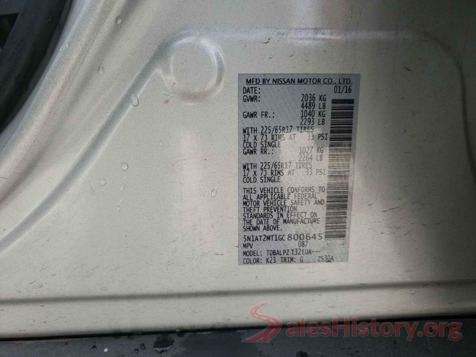 5N1AT2MT1GC800645 2016 NISSAN ROGUE