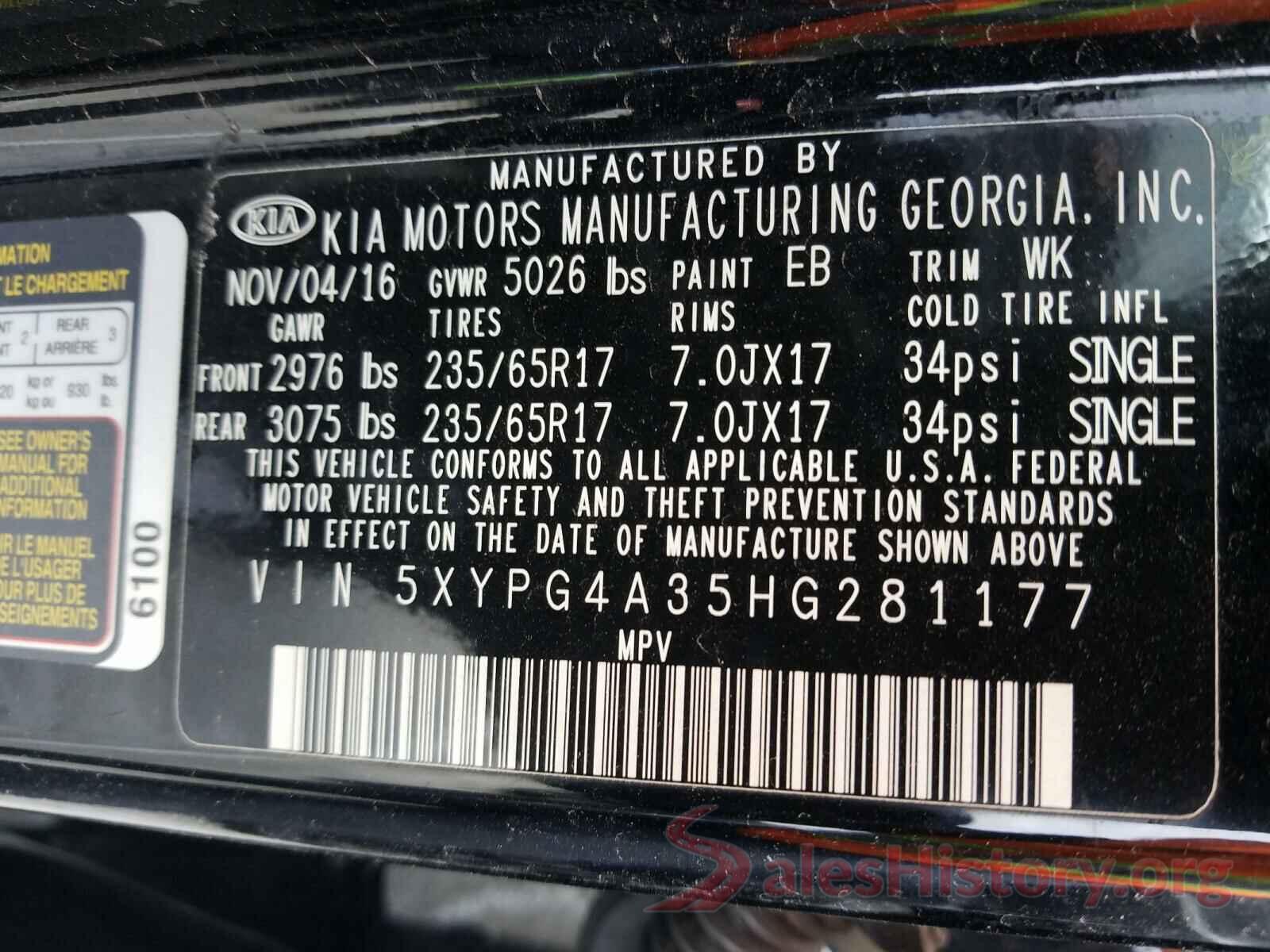 5XYPG4A35HG281177 2017 KIA SORENTO