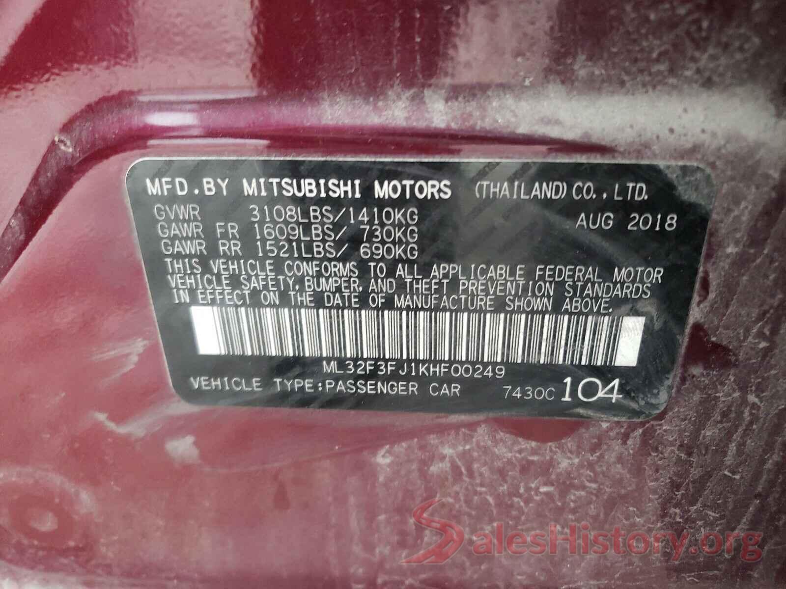 ML32F3FJ1KHF00249 2019 MITSUBISHI MIRAGE