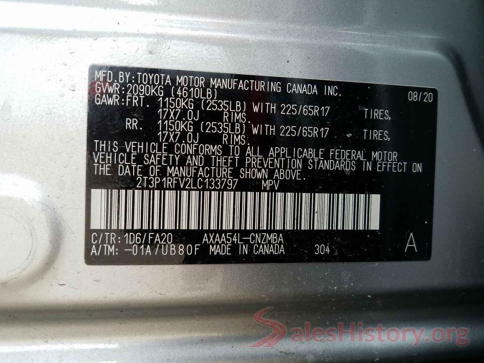 2T3P1RFV2LC133797 2020 TOYOTA RAV4