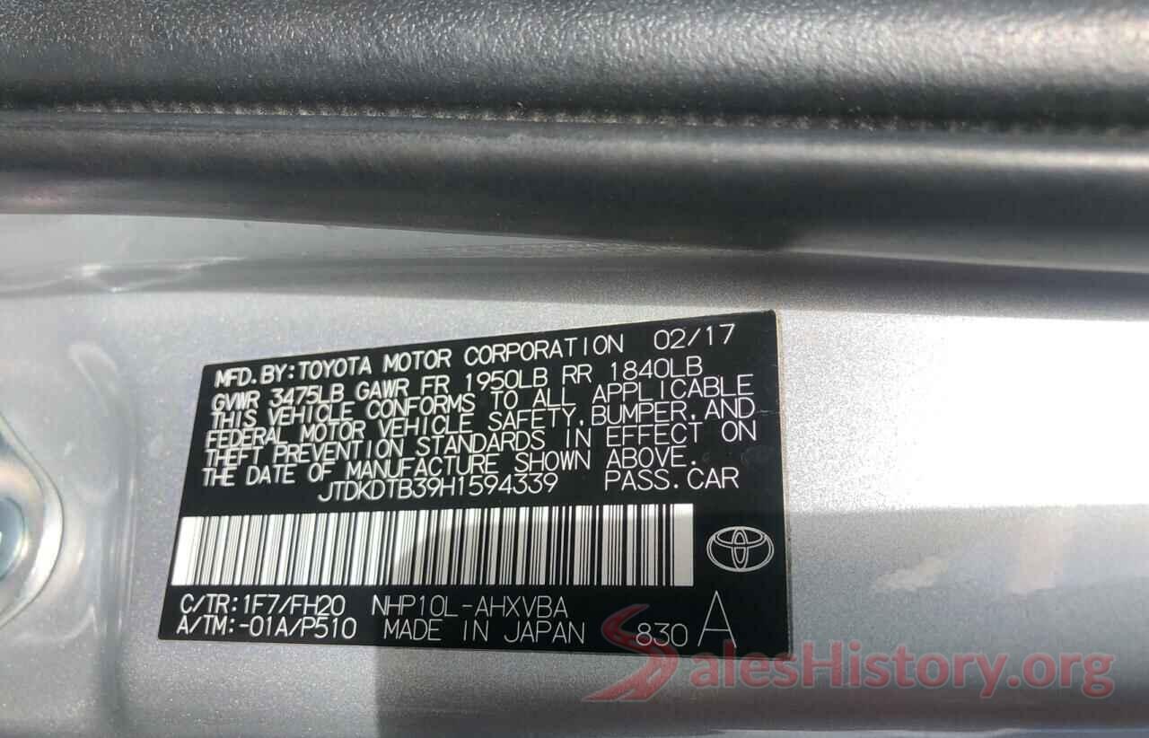 JTDKDTB39H1594339 2017 TOYOTA PRIUS