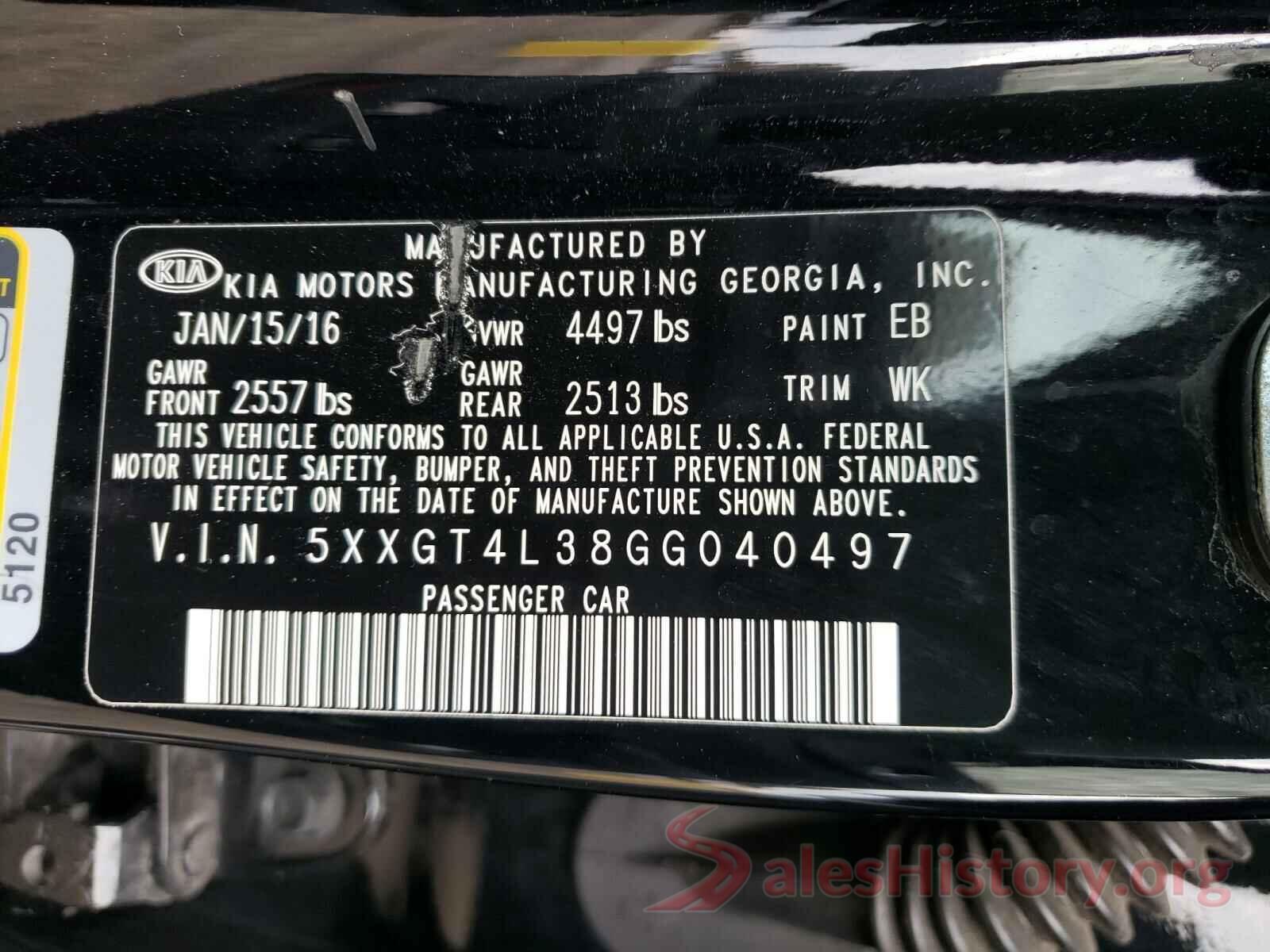 5XXGT4L38GG040497 2016 KIA OPTIMA