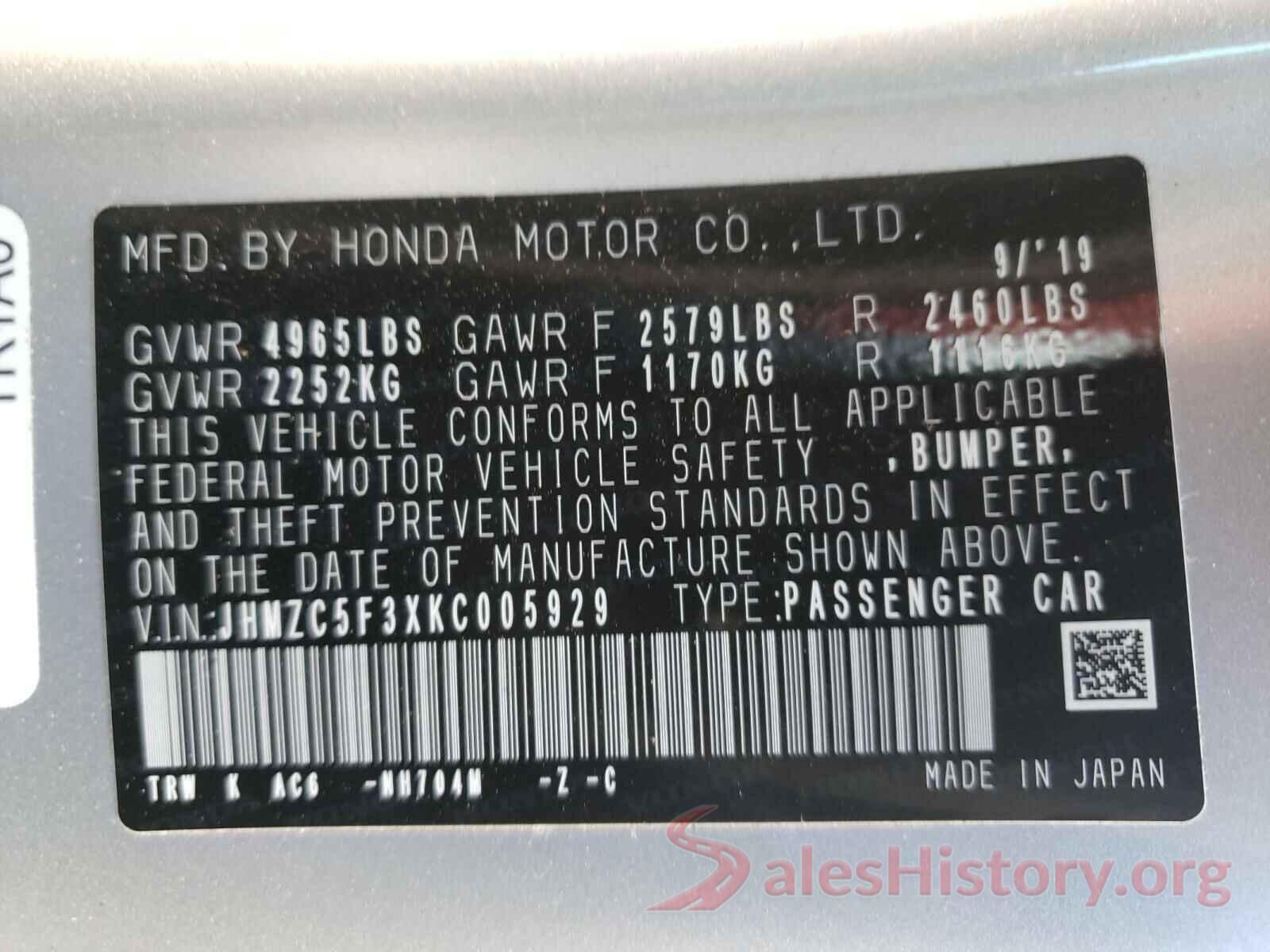 JHMZC5F3XKC005929 2019 HONDA CLARITY