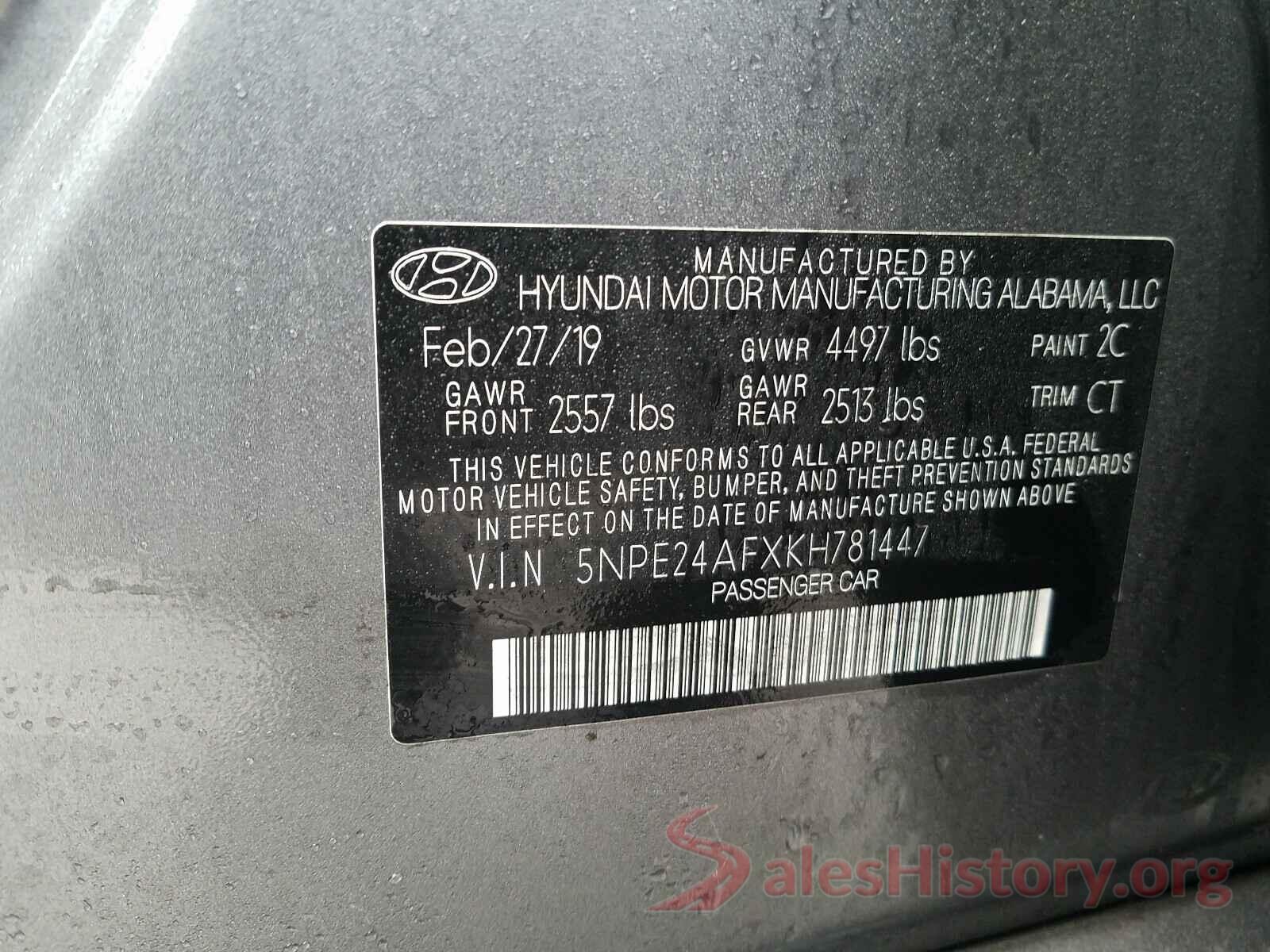 5NPE24AFXKH781447 2019 HYUNDAI SONATA