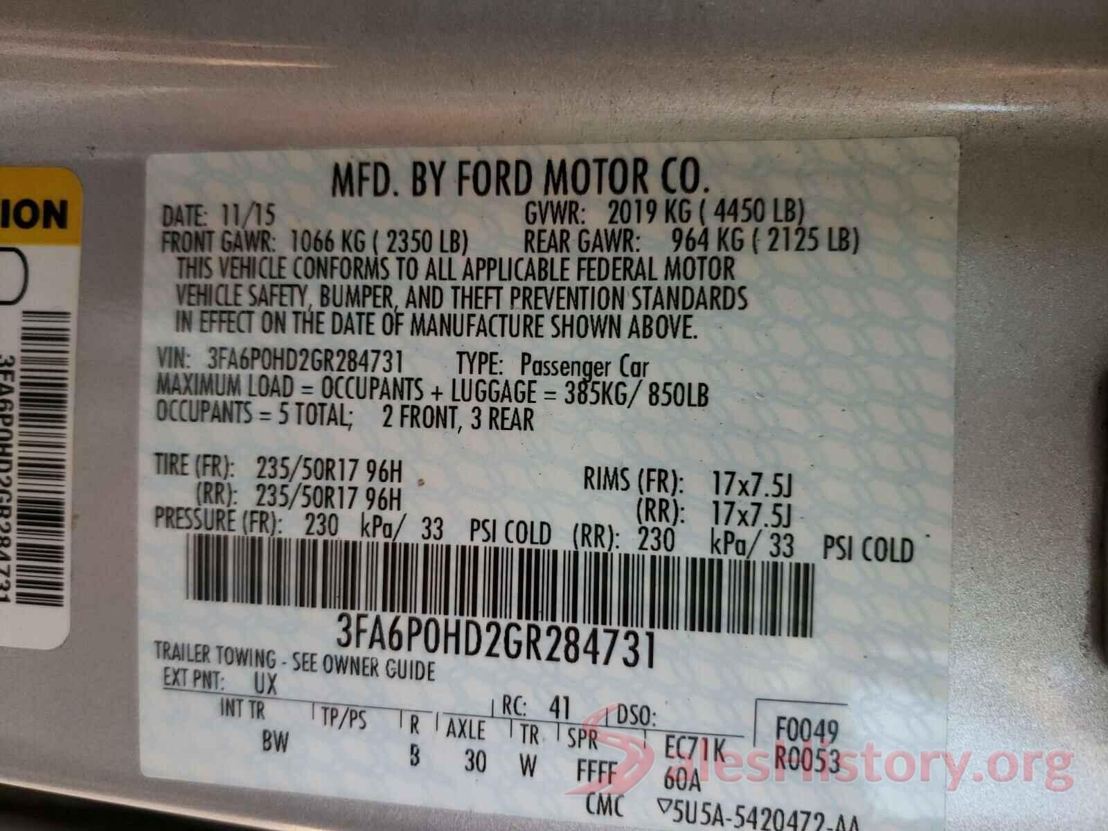 3FA6P0HD2GR284731 2016 FORD FUSION