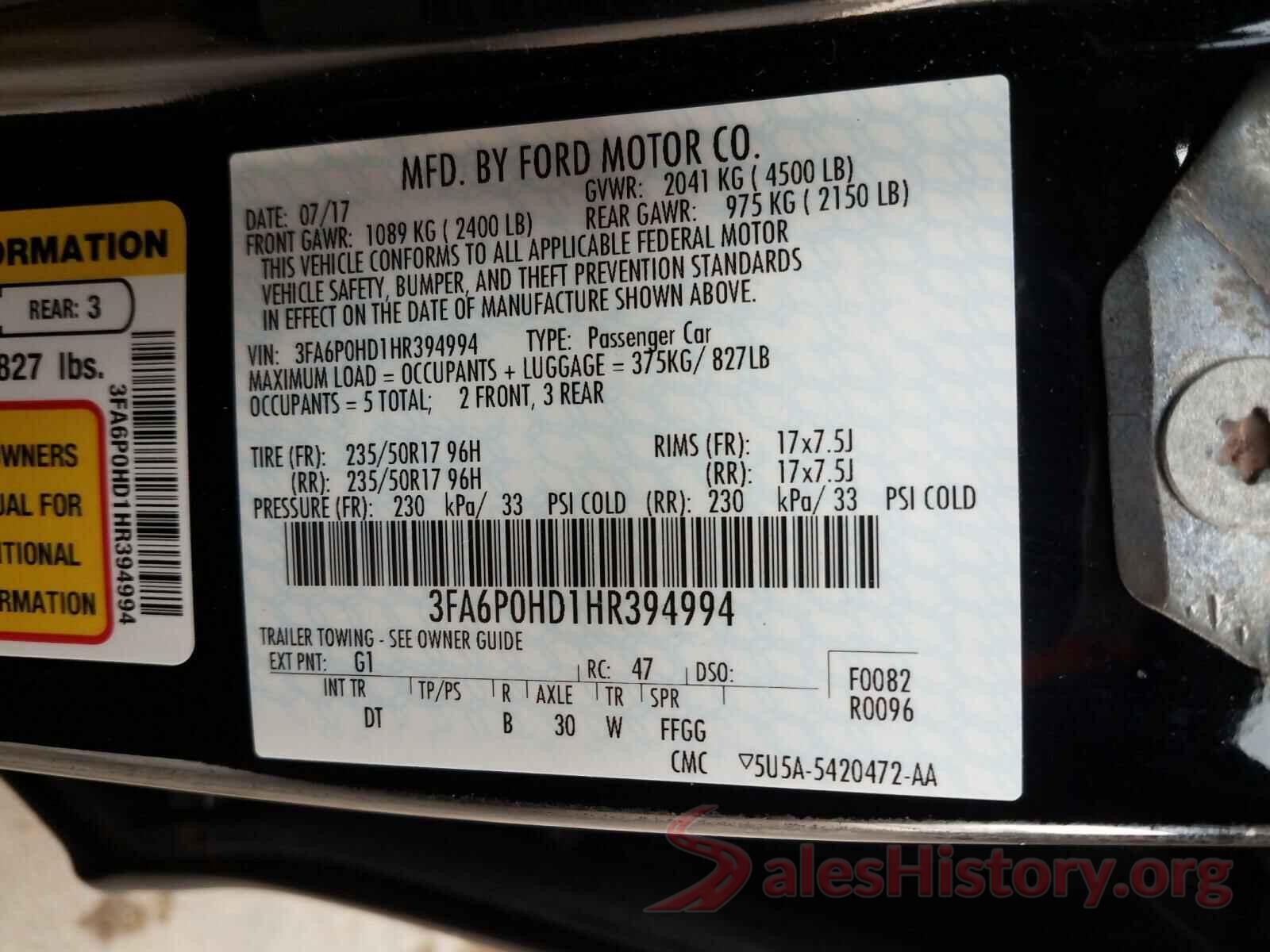 3FA6P0HD1HR394994 2017 FORD FUSION