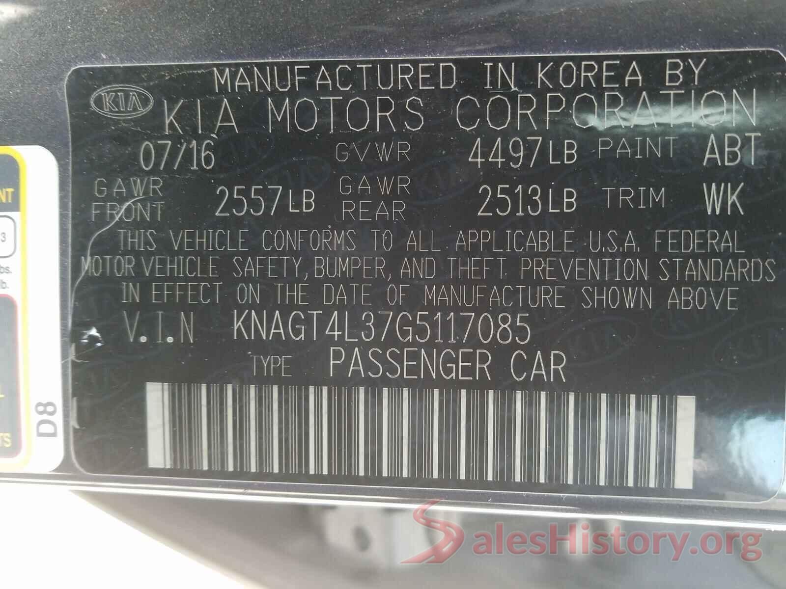 KNAGT4L37G5117085 2016 KIA OPTIMA