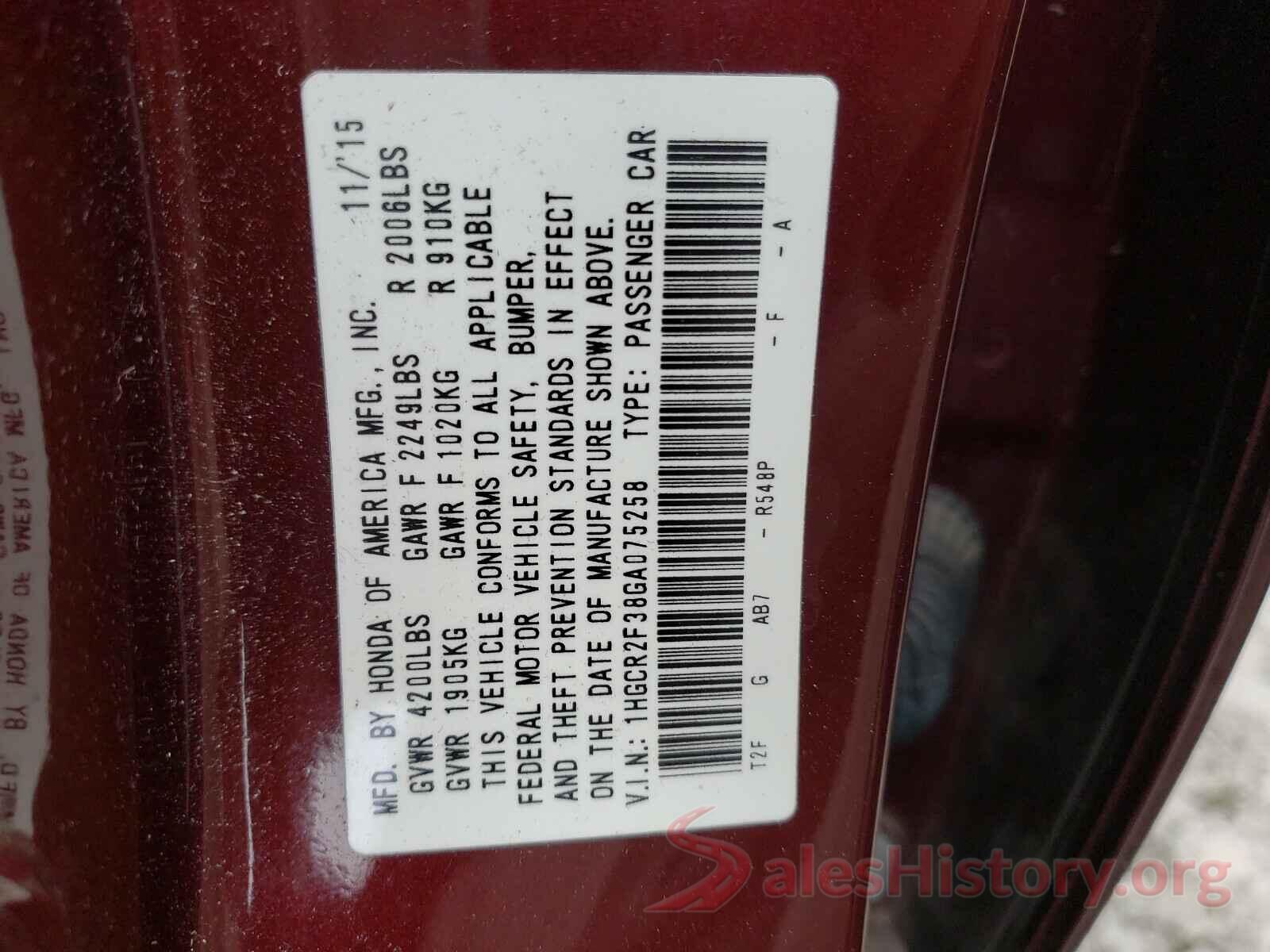 1HGCR2F38GA075258 2016 HONDA ACCORD