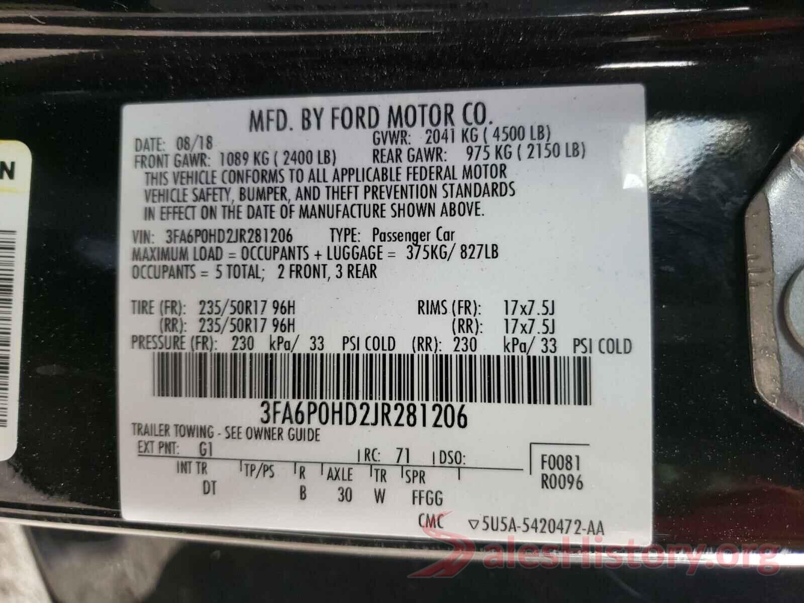 3FA6P0HD2JR281206 2018 FORD FUSION