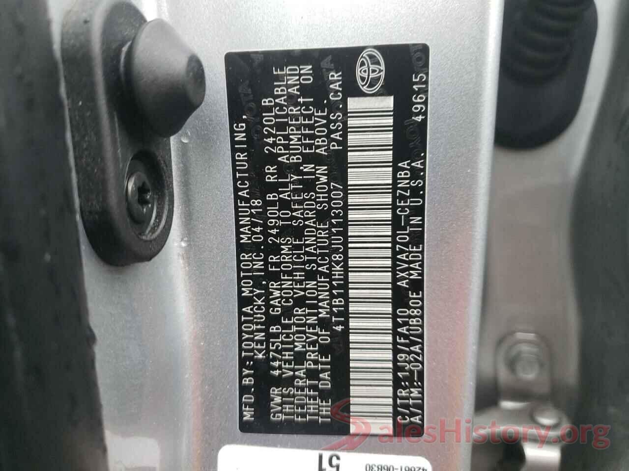 4T1B11HK8JU113007 2018 TOYOTA CAMRY