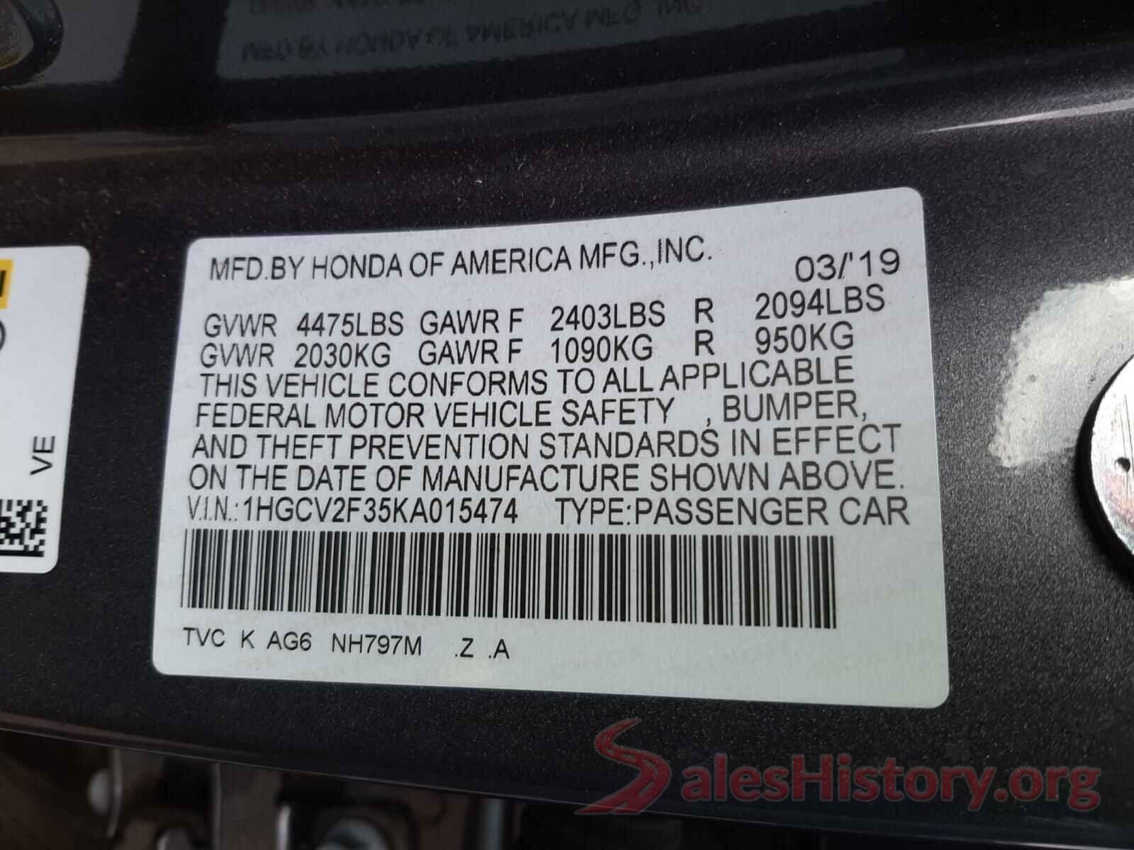 1HGCV2F35KA015474 2019 HONDA ACCORD