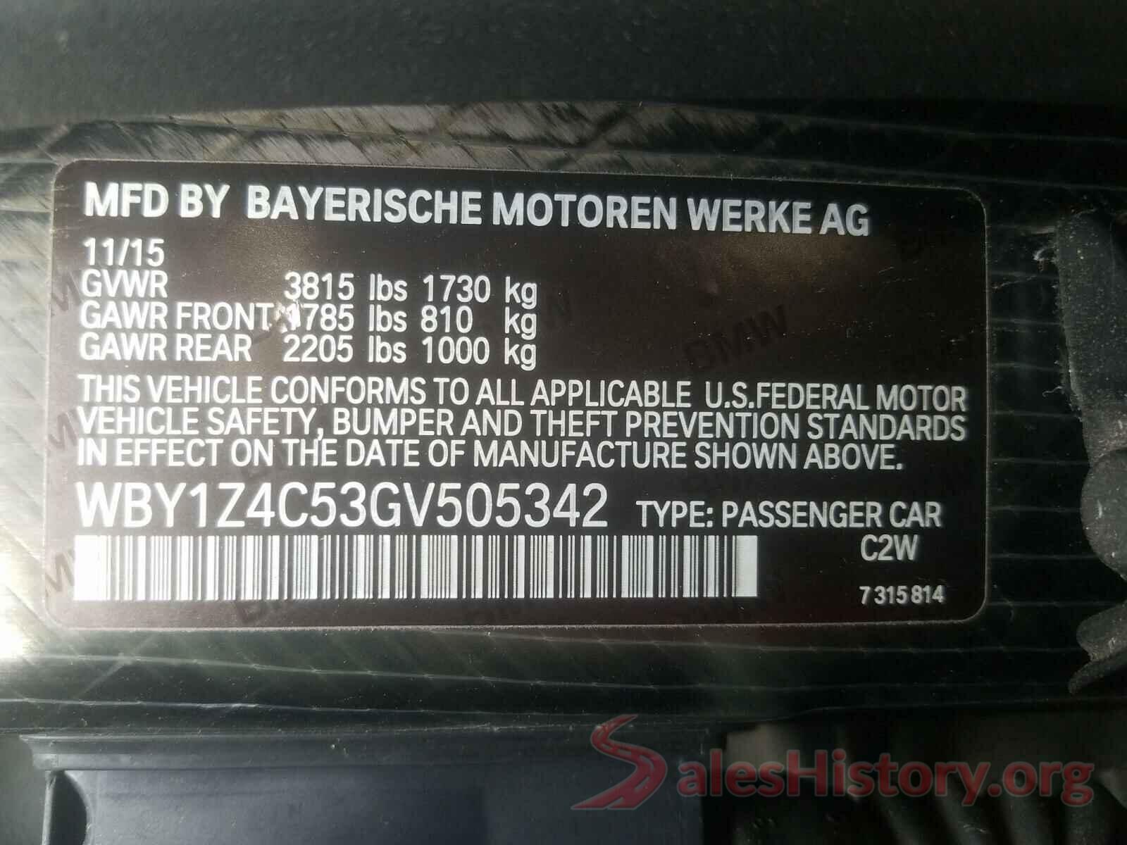 WBY1Z4C53GV505342 2016 BMW I SERIES