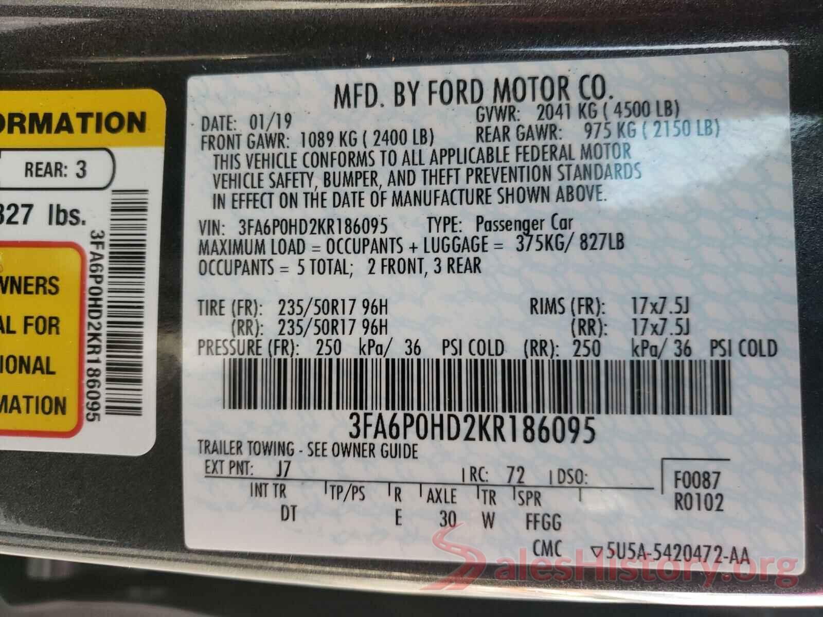 3FA6P0HD2KR186095 2019 FORD FUSION