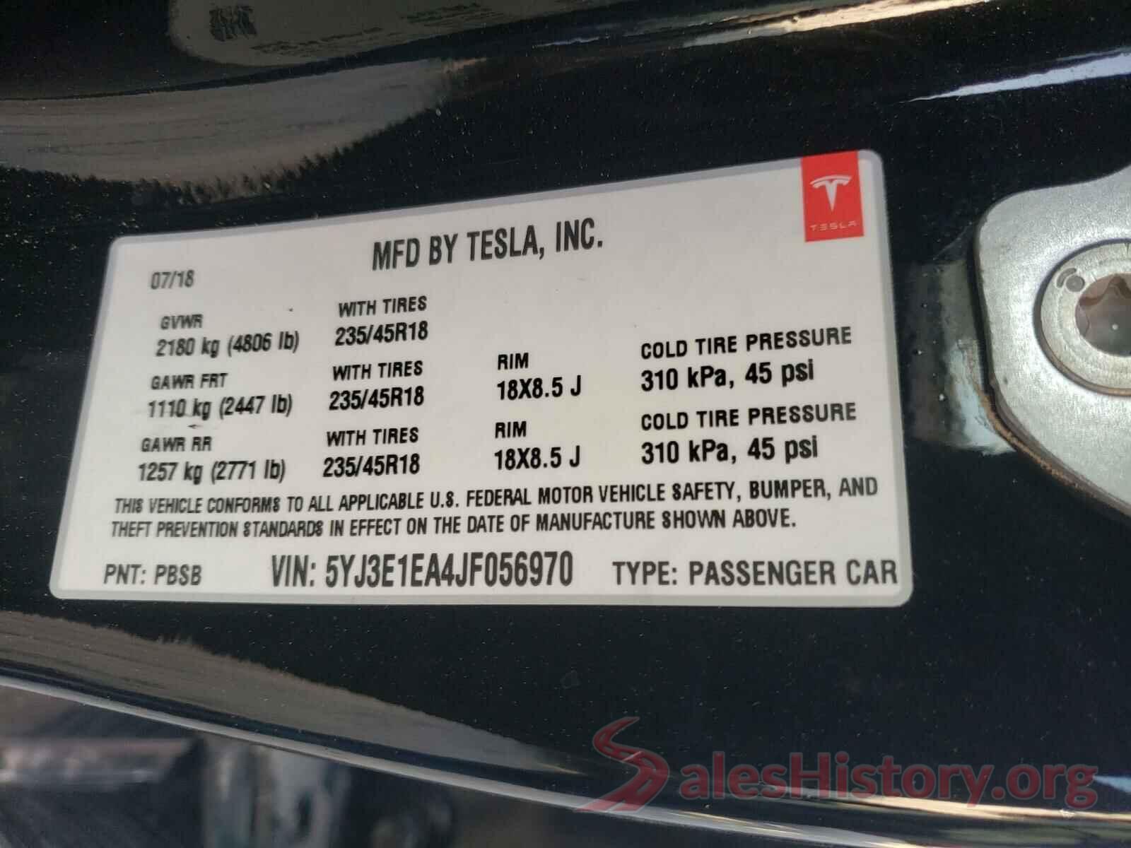 5YJ3E1EA4JF056970 2018 TESLA MODEL 3