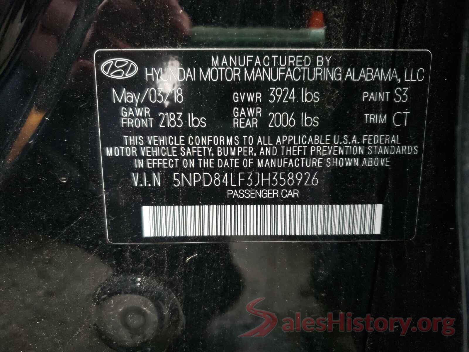 5NPD84LF3JH358926 2018 HYUNDAI ELANTRA