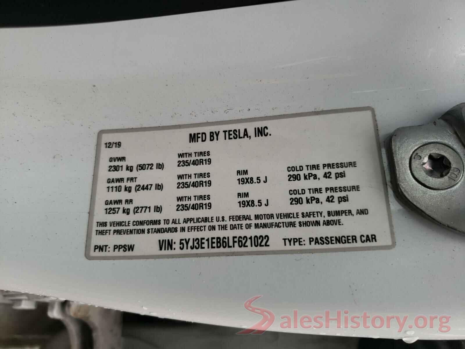 5YJ3E1EB6LF621022 2020 TESLA MODEL 3