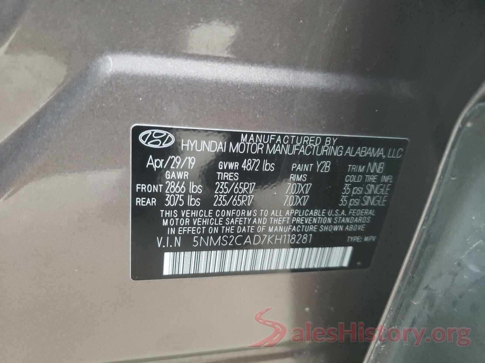 5NMS2CAD7KH118281 2019 HYUNDAI SANTA FE