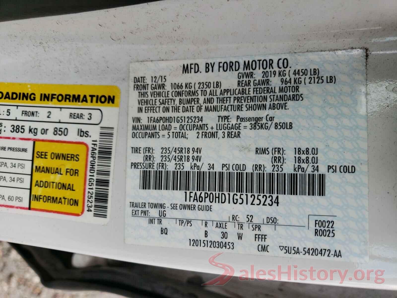 1FA6P0HD1G5125234 2016 FORD FUSION