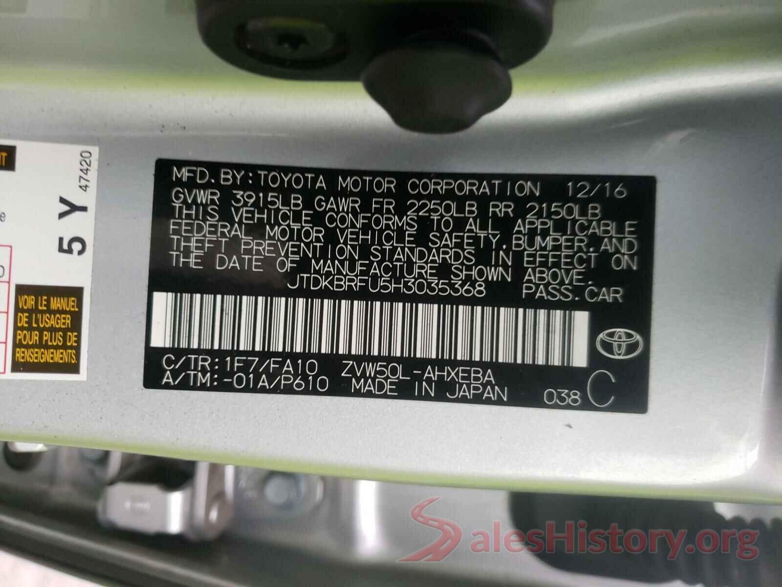 JTDKBRFU5H3035368 2017 TOYOTA PRIUS