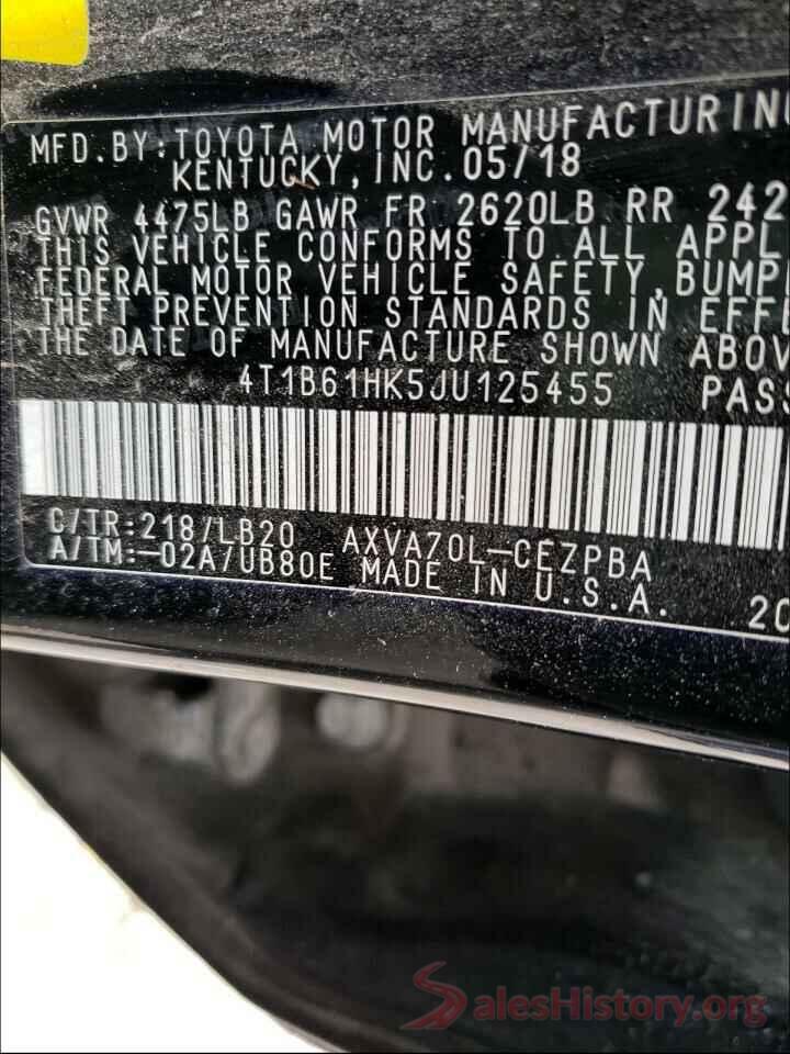 4T1B61HK5JU125455 2018 TOYOTA CAMRY