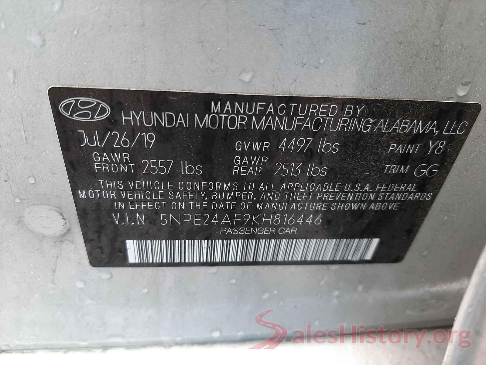 5NPE24AF9KH816446 2019 HYUNDAI SONATA