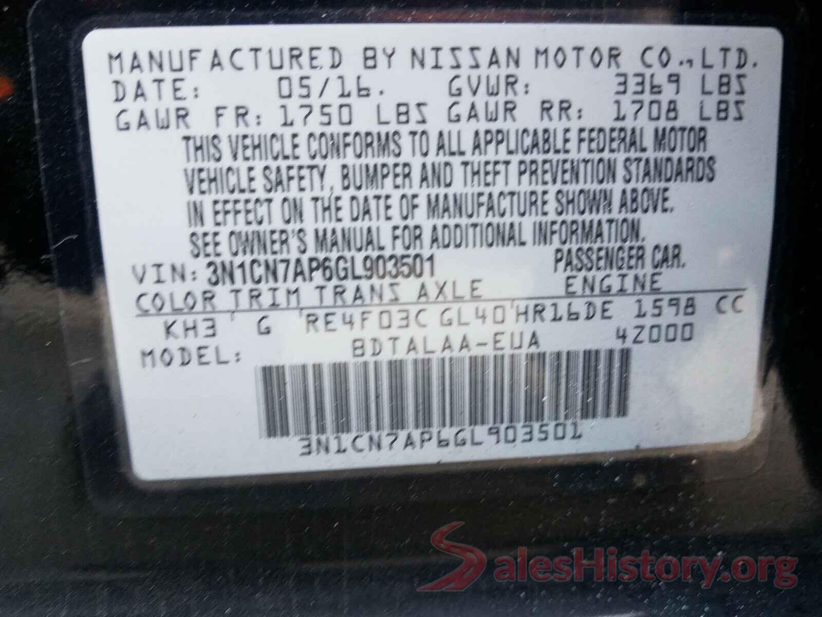 3N1CN7AP6GL903501 2016 NISSAN VERSA