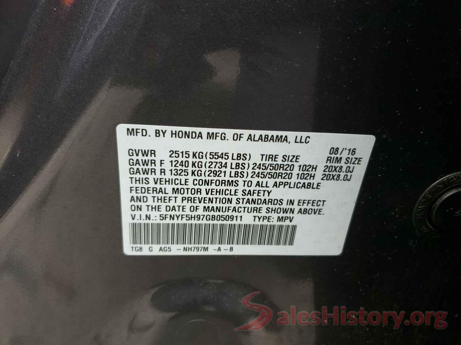 5FNYF5H97GB050911 2016 HONDA PILOT